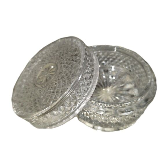 Vintage Diamond Cut Glass Dresser Vanity Trinket Jar w Ground Lid Clear 3" Dia - Picture 3 of 8